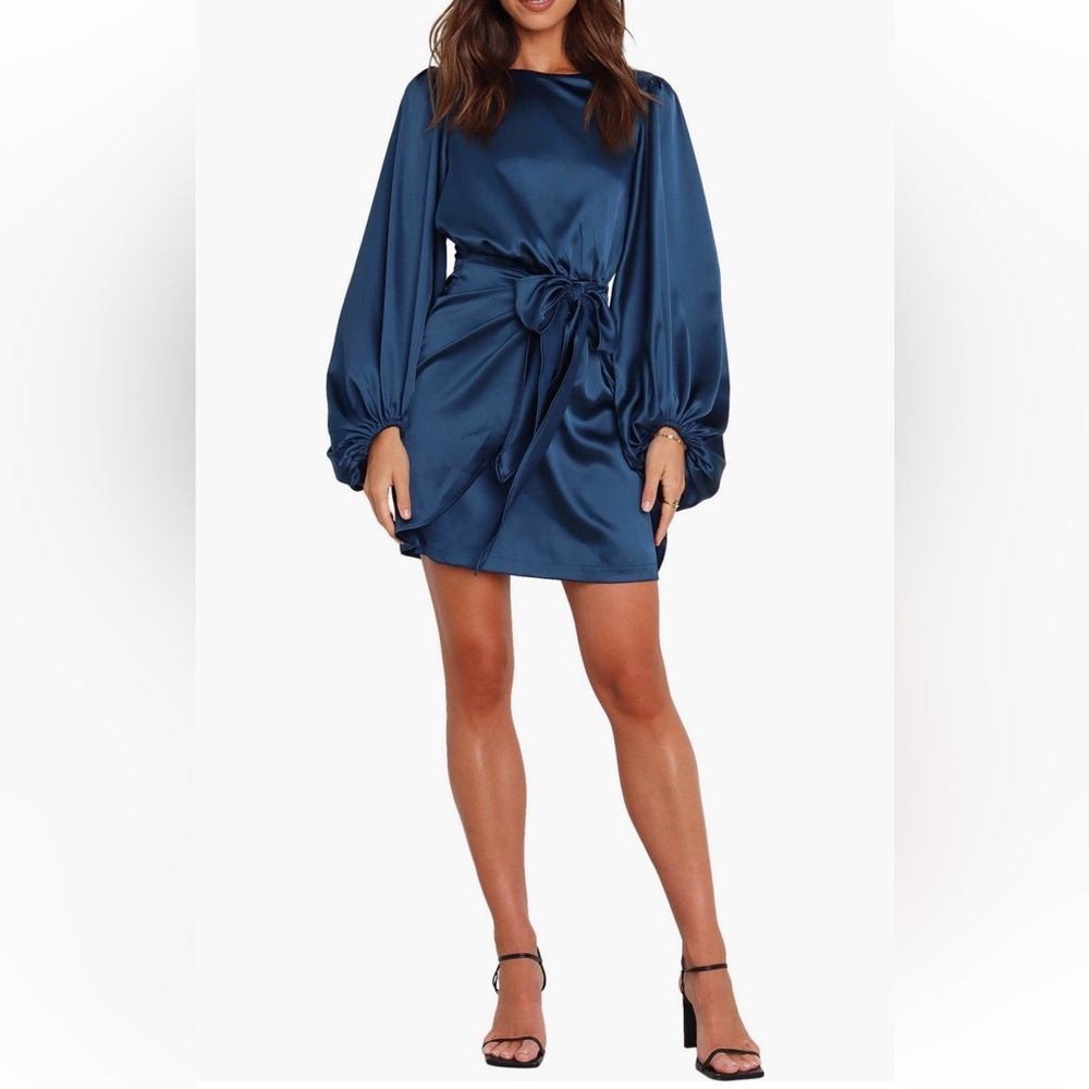 Petal & Pup Opal tie waist long sleeve satin minidress